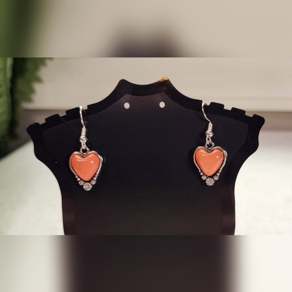 Western Coral Orange & Silver Dangle Heart Earrings  / Pierced